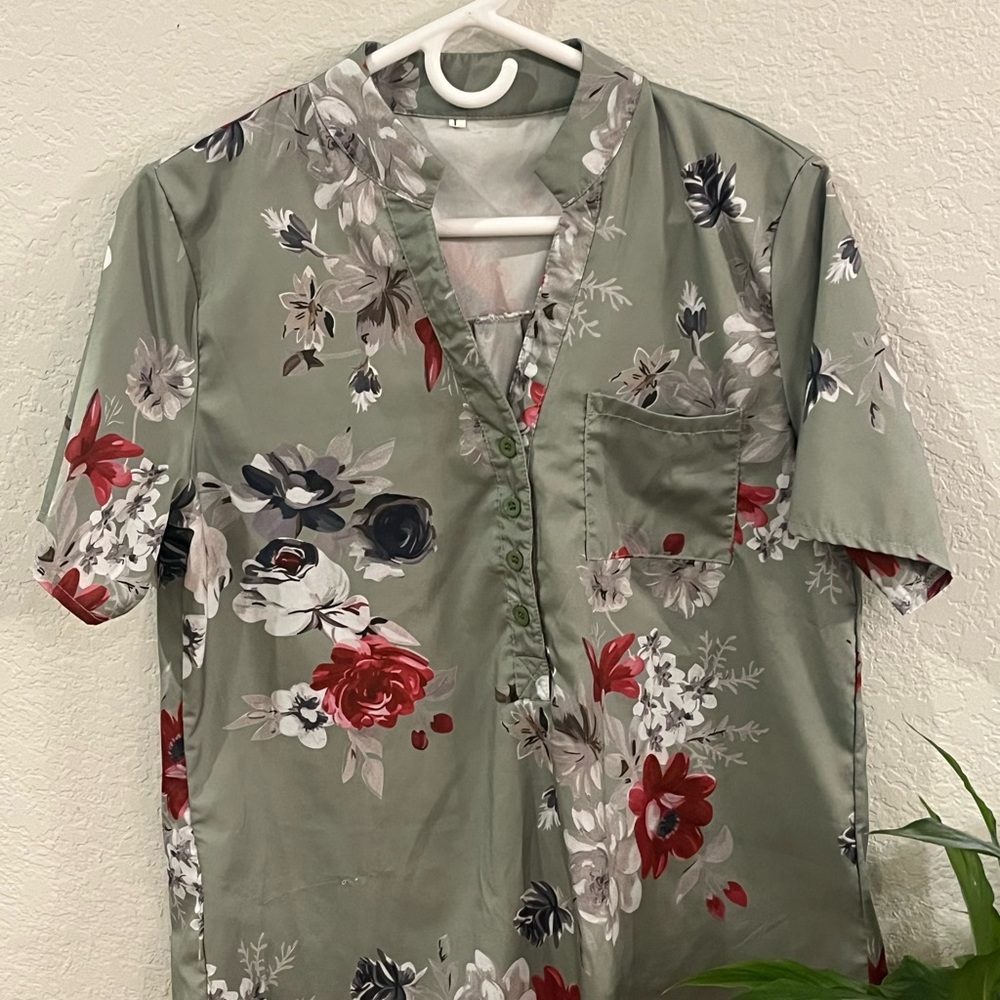 Sage Green Button Down Shirt with Mandarin Collar and Floral Design